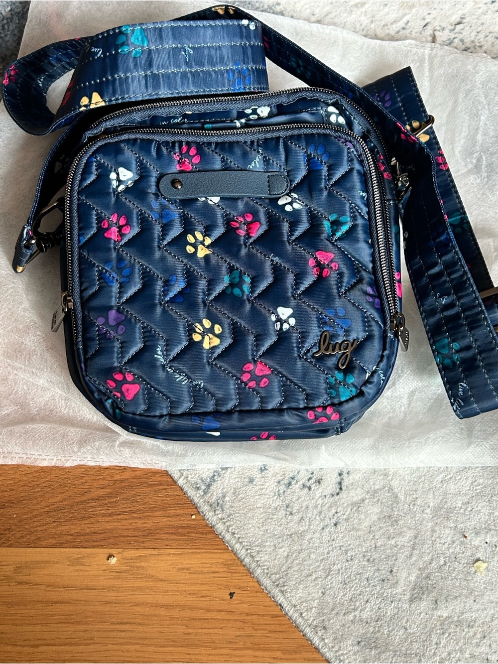 lug Navy Quilted Crossbody with Multicolor Paw Prints